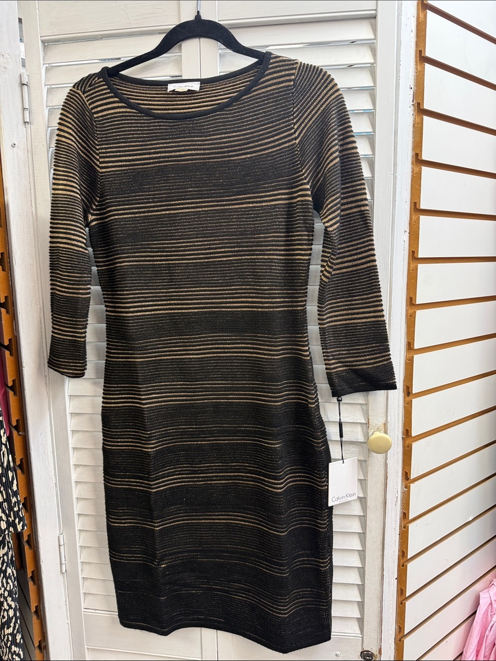 Calvin Klein Black and Brown Striped Long Sleeve Knit Dress
